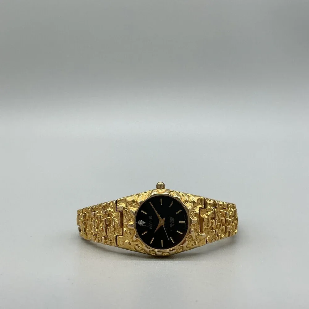 Benrus Womens Watch 22mm Black Dial Gold Tone Textured Bracelet New Battery 6.5
